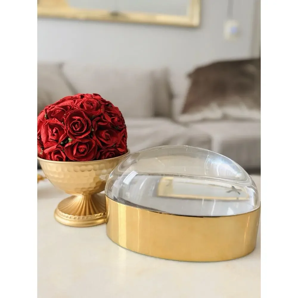 Jonathan Adler Gold Brass Tone Oval Trinket Box Clear Lucite Acrylic Lid Glam
